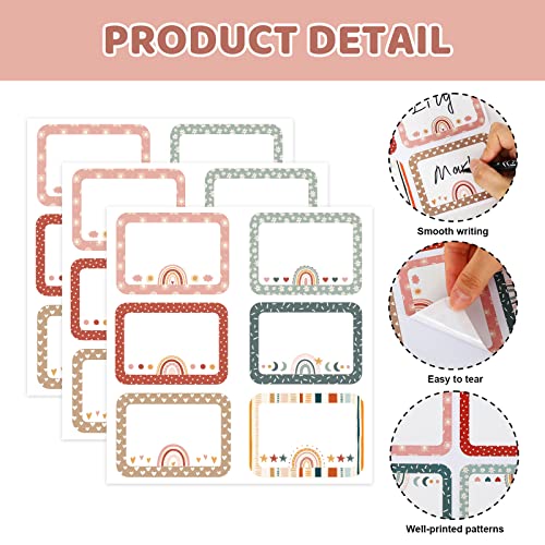 Image of Whaline 144Pcs Boho Rainbow Name Tag Stickers Back to School Boho Classroom Decor 6 Styles Multipurpose Nametags Adhesive Desk Cubby Labels for School Office Teachers Students, 3.5 x 2.6 Inch
