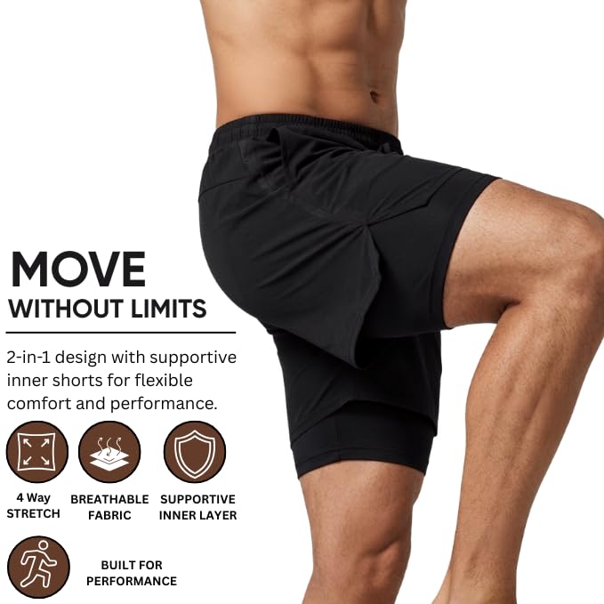 Image of GRECIILOOKS Shorts for Men Running | 2 in 1 Shorts Men with Compression Shorts |Gym Shorts for Man Workout with Phone Pocket | Quick Dry Sports Shorts for Gym Training