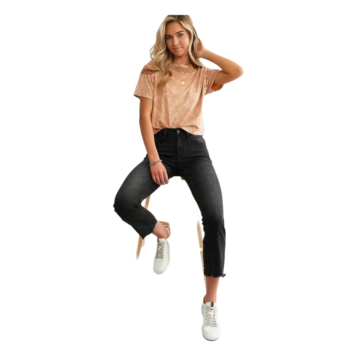 Jeans Donna Women's High-Rise Frayed Hem Cropped Slimbell-Bottom Pantaloni alla Moda Donne Stretch Skinny Jeans-Nero-XL