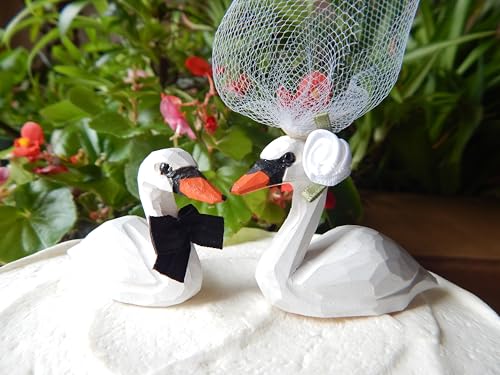 White Swan Wedding Cake Topper Love Birds Bride Groom Engagement Anniversary Carved Wood Statue