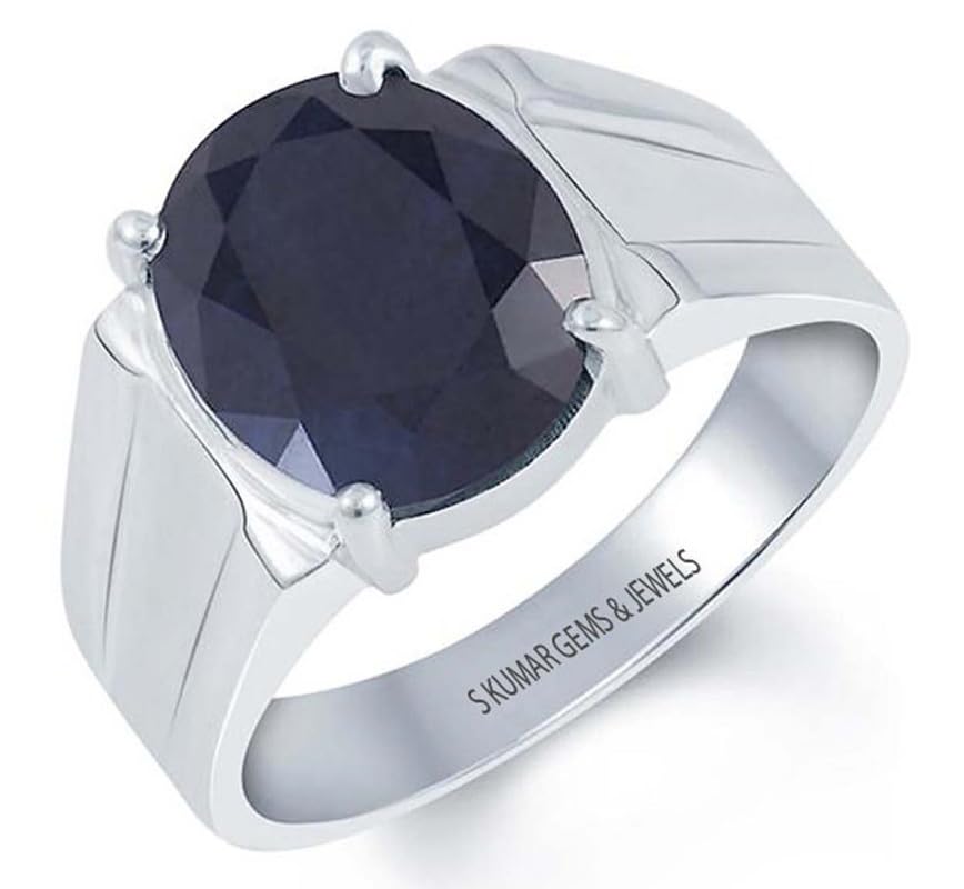 Certified Natural Blue Sapphire Stone (Neelam/Nilam) 7.25 Ratti or 6.50 Ct Gemstone with Free Authetication Certificate Hallmark Sterling Silver Ring