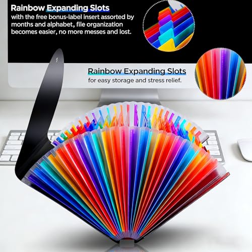 MonQi Große Kapazität 24 Fächer A4 Sortiermappe mit Deckel + 3 wasserdichte A4-Reißverschlusstaschen, A4 Akkordeon Aktenordner Dokumentenmappe Regenbogen Aktenordner für das Haus Büro Schule