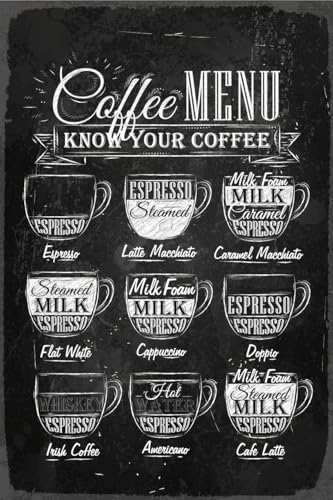 Queence Cartel de aluminio Dibond 20 x 30 x 0,2 cm con orificios para colgar, con frases y textos | Coffee Menu