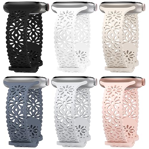 Image of 6 Pack Slim Thin Lace Hollow-out Silicone Bands Compatible with Apple Watch 38mm 40mm 41mm 42mm 44mm 45mm 46mm 49mm Women, Breathable Sport Strap for iWatch Series 11 /10 /9 /8 /7 /6 /5 /4 /3 /2 /1 Ultra SE