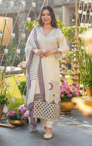 Image of Women's Muslin Geometric Wave Print Off White Straight Kurta & Pant Set with Dupatta | Shirt Collar V-Neck 3 /4 Bell Sleeve Crescent Print | Salwar Suit Set | Kurta Sets for Women