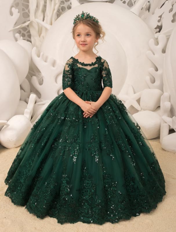 Girls Pageant Dresses Short Sleeve Flower Girl Dess with Bow Tulle Lace Appliques Formal Ball Gown3