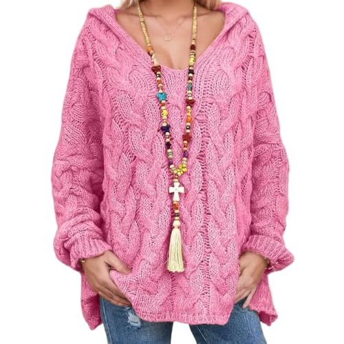 Women's Cable Knit Sweater Casual Loose V-Neck Long Sleeve Oversized Hooded Pullovers Fall Winter Warmth Solid Tops