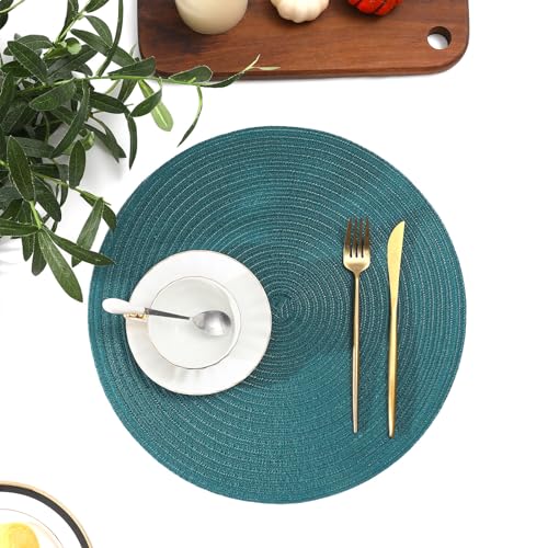 Image of SHACOS Round Placemats Set of 4 Woven Braided Table Placemats 15 inch Circle Place Mats Washable Non Slip Table Mats for Home Wedding Party, Teal Green