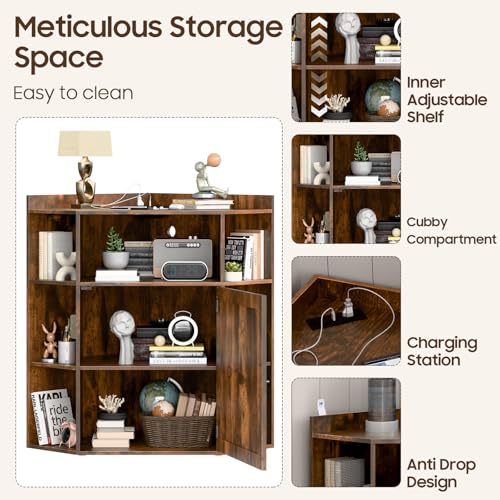 Image of Halitaa Corner Storage Cabinet, Farmhouse Corner Bookshelf with Storage 6-Cubby Wooden Cabinet with USB Ports and Outlets Industrial Organizer for Small Space, Study, Playroom, Living Room