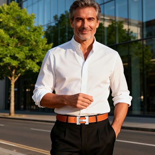 Image of Aurolran Men&Womens Leather Dress Belt Business Automatic Buckle Belt Color-Black Silver Gold