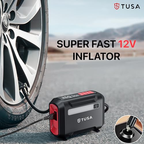 Image of TUSA Drive Go 12V DC Tyre Inflator | Large Dual Digital Display | 3X Faster Inflation Portable Air Compressor| For Car, Bike, Ball & Motorcycle