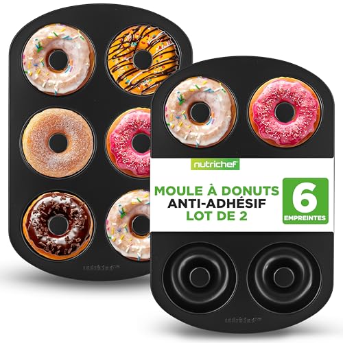 Nutrichef Moules à Donuts 6 pcs – Antiadhésifs, Acier Durable, Compatible Four 230 °C, Parfaits Donuts & Bagels, Set 2 pièces, Noir