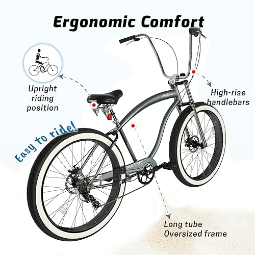 Bicicleta Tracer Avalon GT7 Playera de 26", 7 velocidades con frenos de disco, marco de acero Hi-Ten gris mate, sillín ancho con resortes dobles y manillar elevado para adultos (mgry1) miniatura 4