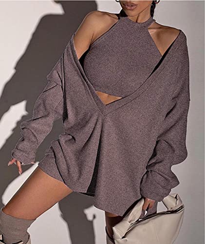 Image of ECDAHICC Women's Two Piece Outfits Knitted Halter Neck Crop Tank Tops and Oversized Off Shoulder Deep V Neck Pullover Sweater