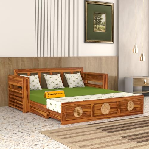 Image of Mamta Furniture Sofa Cum Bed (Honey Finish, 3 Seater - CaneCircle)