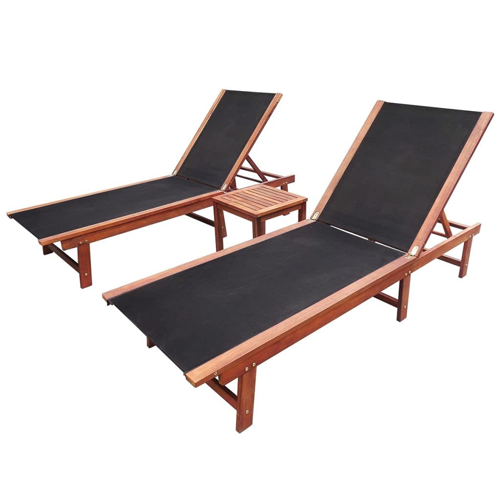 CanditreeOutdoor 3 Pieces Sun Lounger Set, 2 Wooden Recliner Chairs with Adjustable Back and Side Table for Patio Poolside