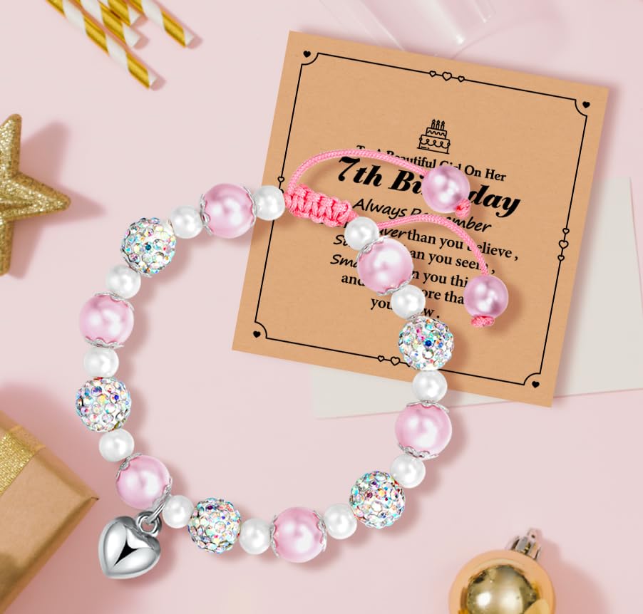 Heart Pearl and Rhinestone Balls Pink Adjustable Bracelet&Card Birthday Gifts for age: 5-9 Year Old Daughter Daughter Big Sister Teen Girls Granddaughter Niece,Back to school Easter Gifts-623