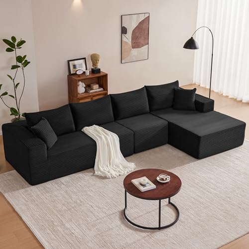 Image of Mangodan 140 inch Cloud Sectional Couch, Boneless Sofa for Living Room, Modular Sectional Sofa with Deep Seat, Comfy Fluffy L-Shaped Couch with Right-Facing Chaise, No Assembly Required, Black