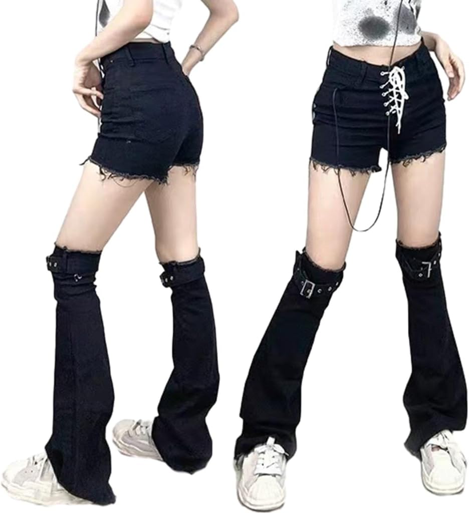 Women Punk Leg Warmer with Eyelet Ties Y2K Harajuku Black Jeans Leg Sleeve Socks