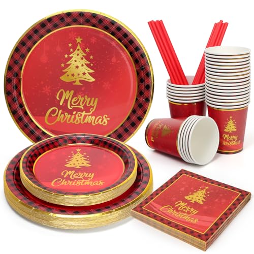 125 PCS Christmas Paper Plates and Cups Party Supplies, Red Christmas Tree Party Paper Plates and Cups, Disposable Tableware Set, Serve for 25 Guests