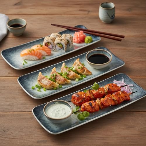 Image of Beyond Homes Ceramic Serving Tray Set of 3 | 12 Inch Rectangular Serving Plates | Premium Ceramic Platters for Sushi Dimsum Momos Snacks Starters & Appetizers | Microwave & Dishwasher Safe, Grey