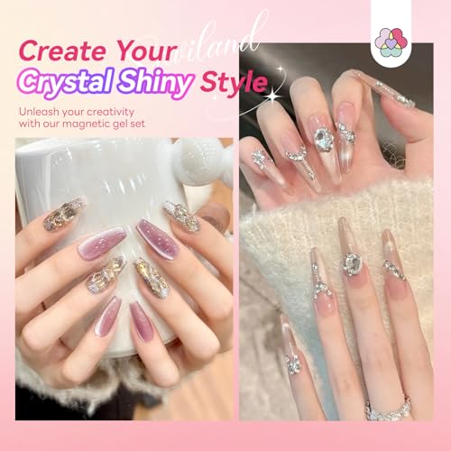 Image of SAVILAND Color Artistry Cat Eye Gel Nail Polish: 6 Colors Crystal Shiny Magnetic Gel Nail Aurora Pink Blue Purple Shimmer Cateye Nail Polish Set