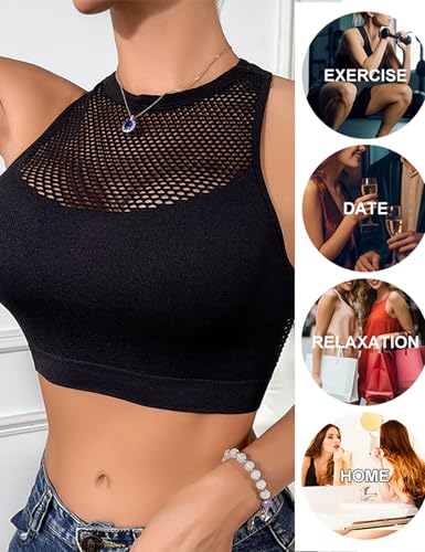 Nolrahiur Sexy Fishnet Bralette for Women Seamless Mesh Top Racerback Athletic Camisole Sports Cami Y2k Black M