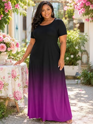 Image of PinkPatty Women's Plus Size Maxi Dresses Short Sleeve Sundress Summer T-Shirt Beach Long Dress with Pockets