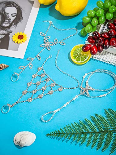 Hicarer 6 Pieces Rhinestone Anklets Foot Jewelry Barefoot Sandals For Women Wedding Barefoot Sandals For Women Jewelry Rhinestone Foot Anklets Ankle Chain (Rhinestone Star Leaf Mesh Style) #TOP6