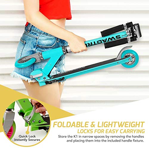 K1 Girl or Boy Kick Scooter 2 Wheel Adjustable 40” Kids up to 72” Teens, 220Lb Weight Limit, ABEC-9 Bearings, Lightweight 6.42Lbs, Next Gen Fold-n-Lock System + Kickstand (Green/Pink)