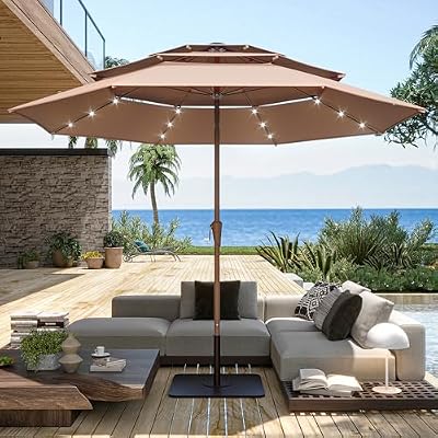 LAUSAINT HOME 10ft Patio Umbrella with Solar Lights, 3 Tier Outdoor Umbrellas for Patio Pool Deck Market, Table Umbrella with Push Button Tilt, Easy Crank, Aluminum Pole, 24 LED Lights, Beige