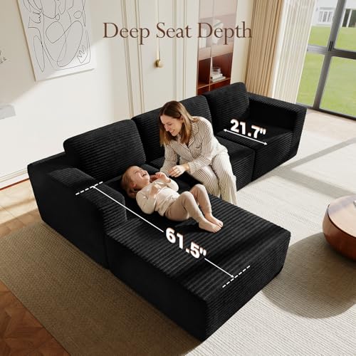 Image of Vesgantti 119 inch L-Shaped Modular Sectional Sofa, Corduroy Cloud Couch with Deep Seating & Spring Support, Flexible Layout Sofa with Ottoman, Boneless Style, No Assembly Required, Black