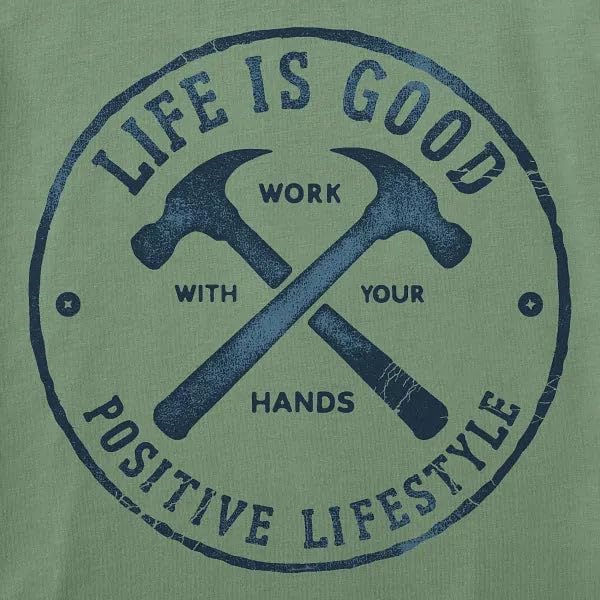 Life is Good. Men's Work with Your Hands Hammers Long Sleeve Crusher Tee, Granite Green