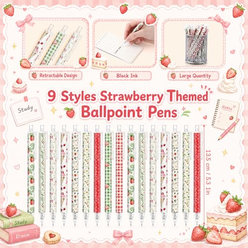 Image of Jetec 108 Pcs Back to School Strawberry Pens Bulk Aesthetic Retractable Office Strawberry Supplies First Day of School Gift for Student Women Teacher Staff Employee Office Berry Party Favors
