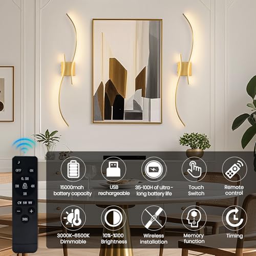 Image of CANEOE Battery Operated Wall Sconce Set of 2, 18000mAh Gold Rechargeable Wall Lights with Remote Control,3000K-6000K Dimmable LED Wireless Wall Light for Living Room Bedroom Hallway,39.3 Inch (Gold)
