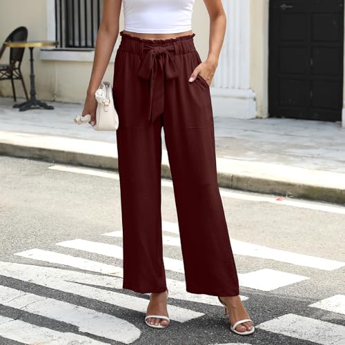 Women Summer Casual Wide Leg Pants High Waist Stretchy Adjustable Loose Pant with Pockets