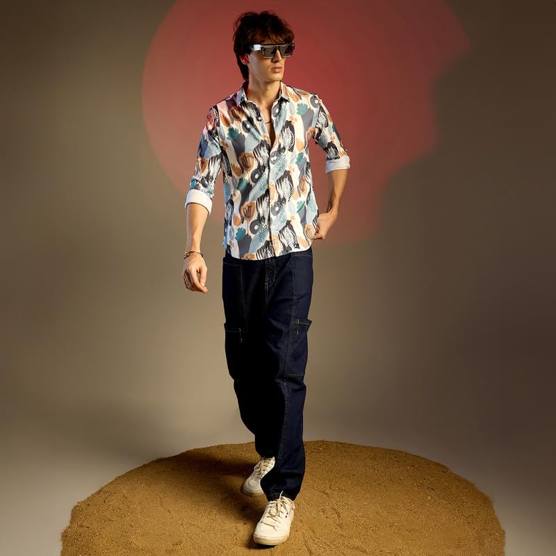 Image of CAHOOT Men's Foliage Strokes Shirt for Casual Wear | Spread Collar | Long Sleeve | Button Closure | Shirt Crafted with Comfort Fit for Everyday Wear
