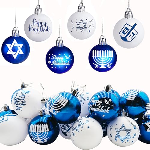24 Pcs Happy Hanukkah Glitter Ball Ornaments for Tree,6 Styles Chanukah Hanging Ornaments Star of David Hanukkah Ornament Balls Sliver Blue Jewish Ornaments for Xmas Tree Decoration