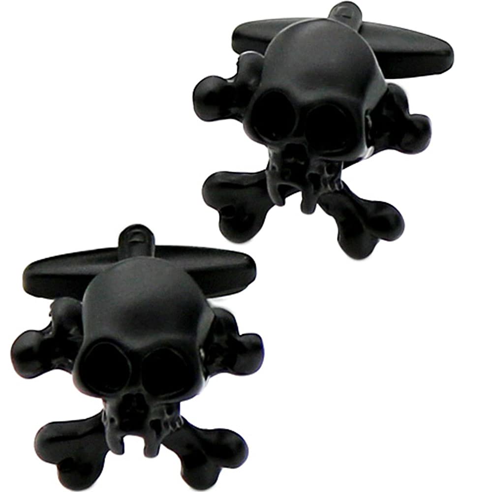 BXLE BYPunk Cool Skull Cufflinks for Men, Black 3D Skeleton Cuff-links, Gothic Cross Bone Head Shirt Studs Button for Theme Party, Unique Cufflink for Wedding Groomsmen Gift, Halloween Pirate Cufflinks - BXLE BY