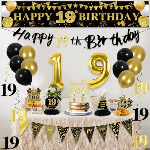 Image of 19th Birthday Decorations for Men, Black Gold 19th Party Decoration Kits