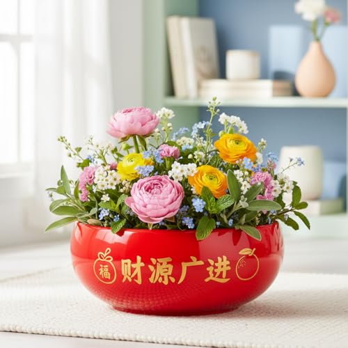 Image of Xtore Striking Glossy Red Ceramic Planter Bowl for Indoor Decor & Bonsai Styling | Wide Shallow Round Pot for Tabletop, Shelf & Zen Corners (Pack of 1 - Planter only)