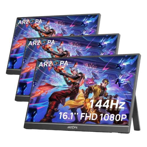Image of ARZOPA 16.1'' 144Hz Portable Gaming Monitor, 106% sRGB 1080P FHD Kickstand Portable Monitor with HDR, Ultra Slim, Eye Care, External Second Screen for Laptop, PC, PS5, Mac, Xbox-Z1FC (Pack of 3)