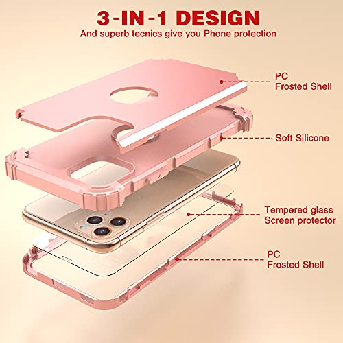 Idweel Iphone 11 Pro Max Case With Tempered Glass Screen Protector, Hybrid 3 In 1 Shockproof Slim Heavy Duty Protection Hard Pc Cover Soft Silicone Rugged Bumper Full Body Case, Rose Gold #TOP4