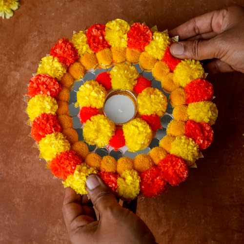 Image of Gajra Rangoli - Reusable Rangoli Mats with Artificial Marigold, Gota Flowers, and White Gajra for Festive Decor | Rangoli Door Mats (Pack of 2)