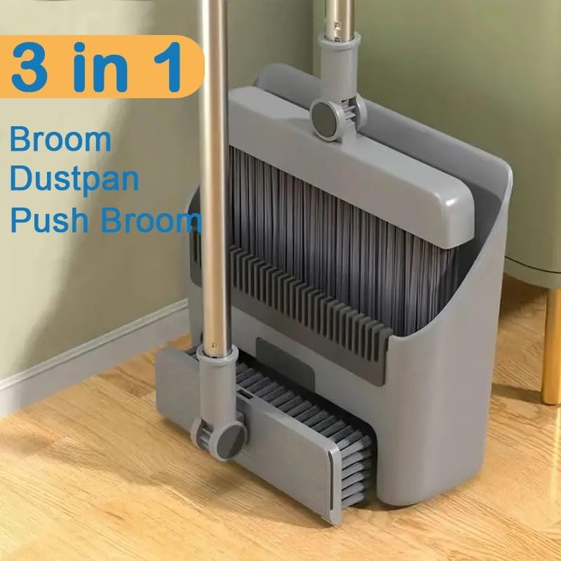 Image of Broom with Dustpan Combo Set, 3 in 1 for Sweeping Indoor and Push Broom Outdoor with Dust Pan, 14.2 to 48.8 inch Adjustable Long Handle Broom and Dustpan Set (Grey)