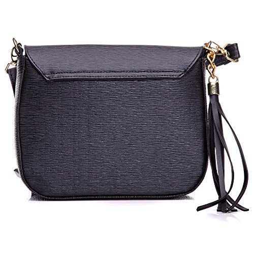 Bolsa Feminina Dhaffy Preto, Alça Transversal, Bolso na Frente. cor:preto;tamanho:M