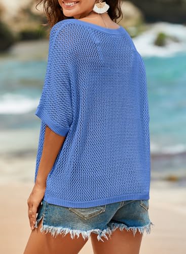 Image of Dokotoo Womens Floral Fashion Summer Tops 2026 Short Sleeve Crochet Sweaters Swimsuit Cover Ups Lightweight Knit Pullover
