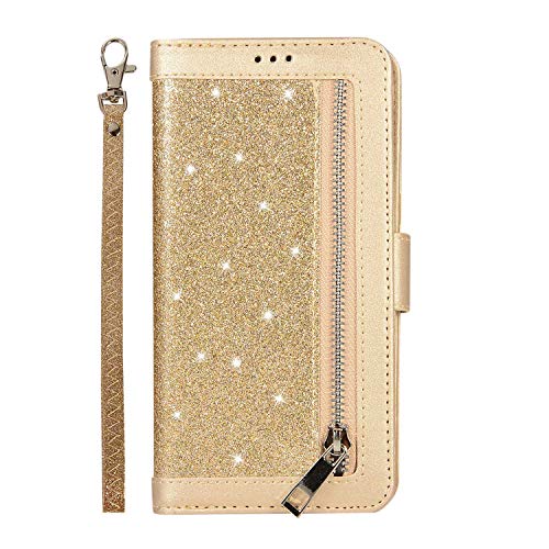 Preisvergleich Produktbild DENDICO Galaxy A5 2018 Hülle Flip Glitzern Handyhülle Magnetisch Schutzhülle, Brieftasche Kartenfach Geldklammer Standfunktion für Samsung Galaxy A5 2018 - Gold