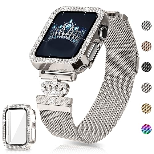 Magnetic Band Compatible with Apple Watch 38mm 40mm 41mm 42mm 44mm 45mm 46mm Stainless Steel Metal Strap with Bling Case and Built-in Screen Protector, Dressy Milanese Loop iWatch Bands for Women
