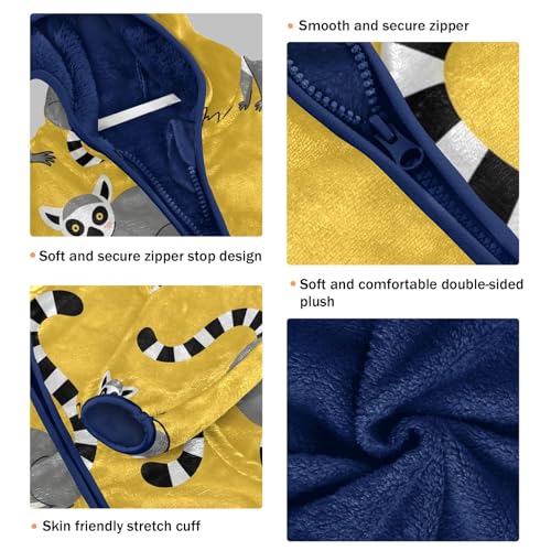 Cute Lemur Pattern on Yellow Toddler Fleece Jacket Girl Boys Hooded Fleece Jacket Coat Warm Outwear Zip-up 3-10T3